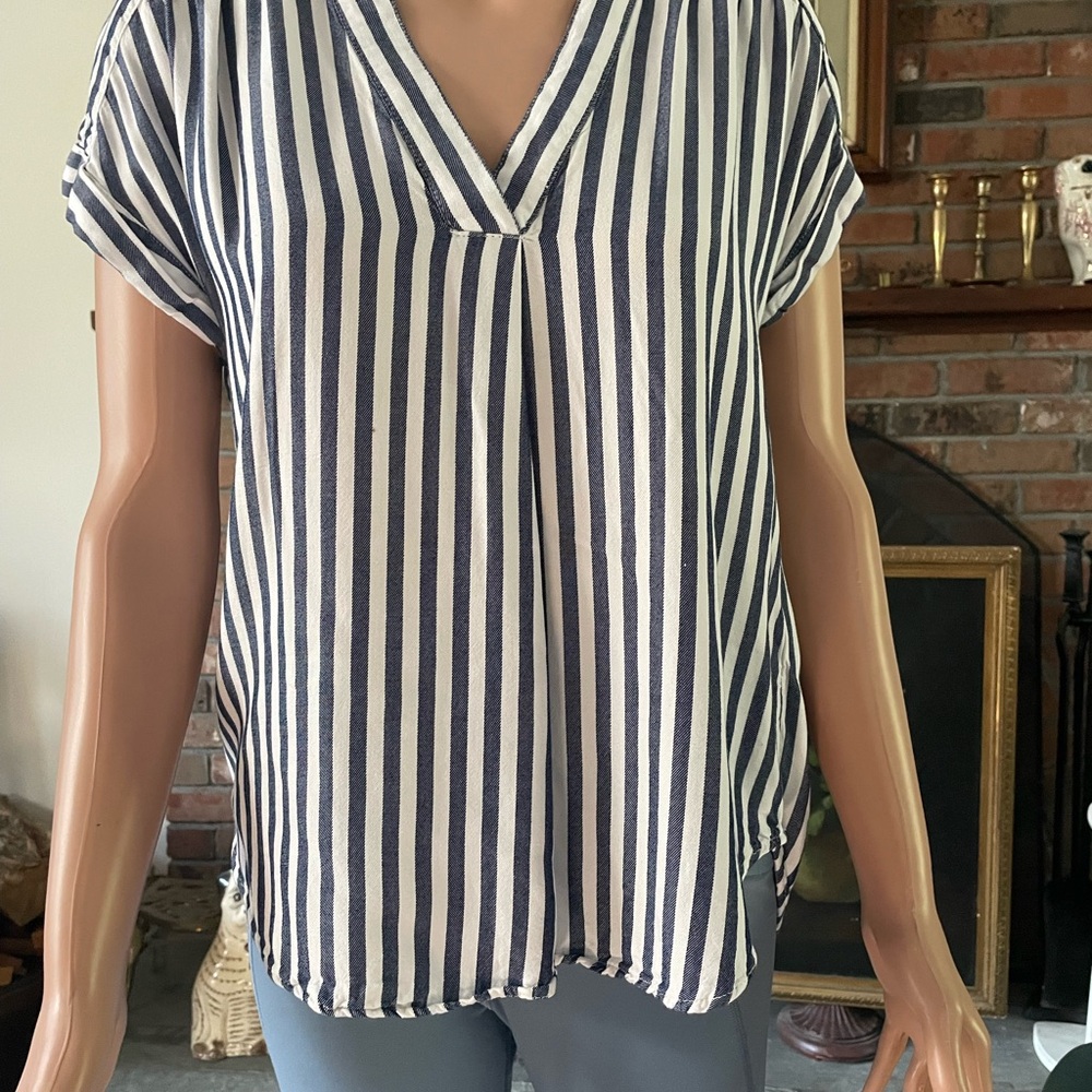 Workshop Republic Clothing Blue and White Relaxed V-Neck Blouse
